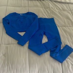 Royal blue matching workout set.